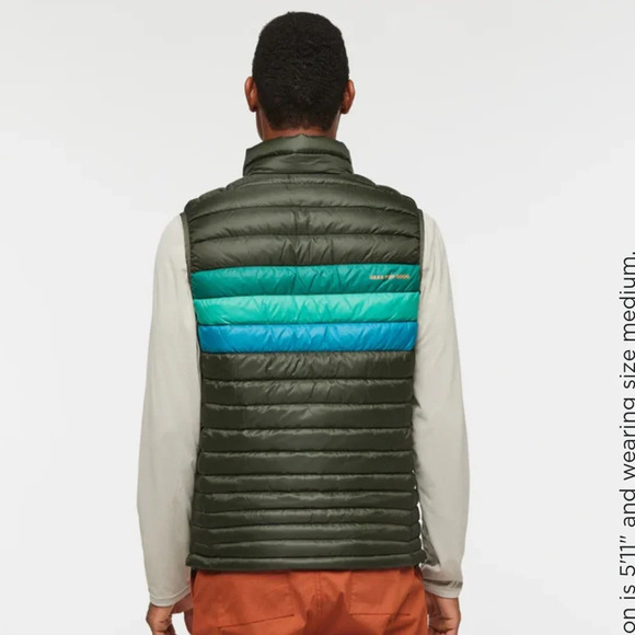Cotopaxi Men's XL Fuego Down Vest Green Blue Woods Stripes NWT Puffy Puff Puffer - Picture 12 of 15
